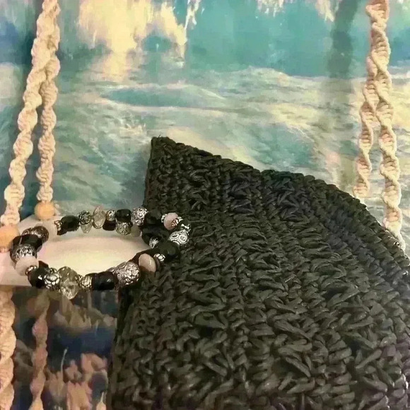 Kelly & Katie Woven Black Shoulder Bag Tote with Round Beaded Handles - Picture 16 of 17